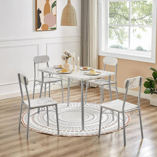 Modern 5-Piece Dining Set with White Faux Marble Top Table and 4 Chairs